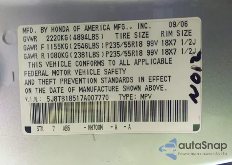 2007 Acura Rdx z USA, uszkodzony, nr VIN 5J8TB18517A007770